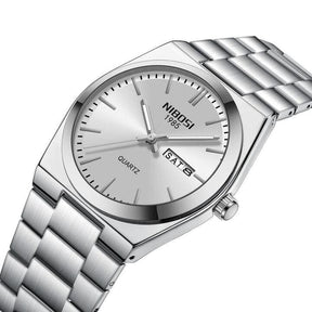 Relógio Nibosi Masculino Minimalista 2658 Com Pulseira de Aço Inoxidável Prata e Visor Branco