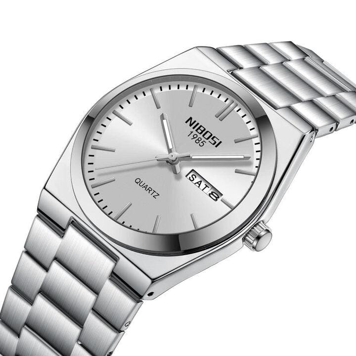 Relógio Nibosi Masculino Minimalista 2658 Com Pulseira de Aço Inoxidável Prata e Visor Branco