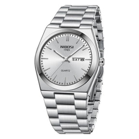 Relógio Nibosi Masculino Minimalista 2658 Com Pulseira de Aço Inoxidável Prata e Visor Branco