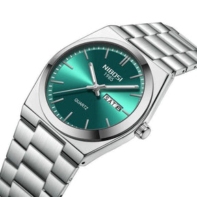 Relógio Nibosi Masculino Minimalista 2658 Com Pulseira de Aço Inoxidável Prata e Visor Verde