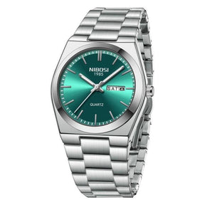 Relógio Nibosi Masculino Minimalista 2658 Com Pulseira de Aço Inoxidável Prata e Visor Verde
