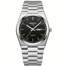 Relógio Nibosi Masculino Minimalista 2658 Com Pulseira de Aço Inoxidável Prata e Visor Preto