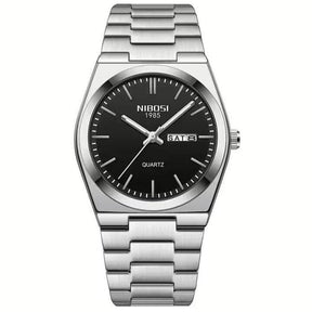 Relógio Nibosi Masculino Minimalista 2658 Com Pulseira de Aço Inoxidável Prata e Visor Preto