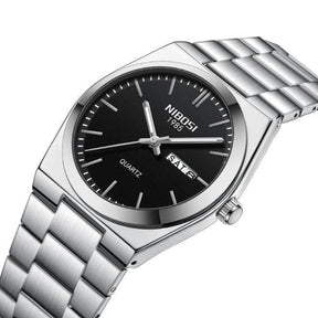 Relógio Nibosi Masculino Minimalista 2658 Com Pulseira de Aço Inoxidável Prata e Visor Preto