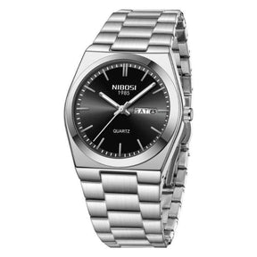 Relógio Nibosi Masculino Minimalista 2658 Com Pulseira de Aço Inoxidável Prata e Visor Preto
