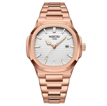 Relógio Nibosi masculino com pulseira e caixa em aço inoxidável rosê e visor branco