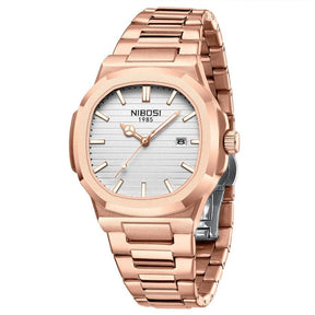 Relógio Nibosi masculino com pulseira e caixa em aço inoxidável rosê e visor branco