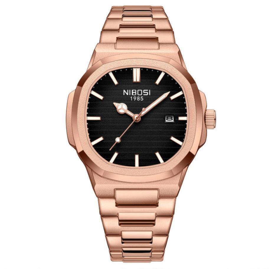 Relógio Nibosi masculino com pulseira e caixa em aço inoxidável rosê e visor preto